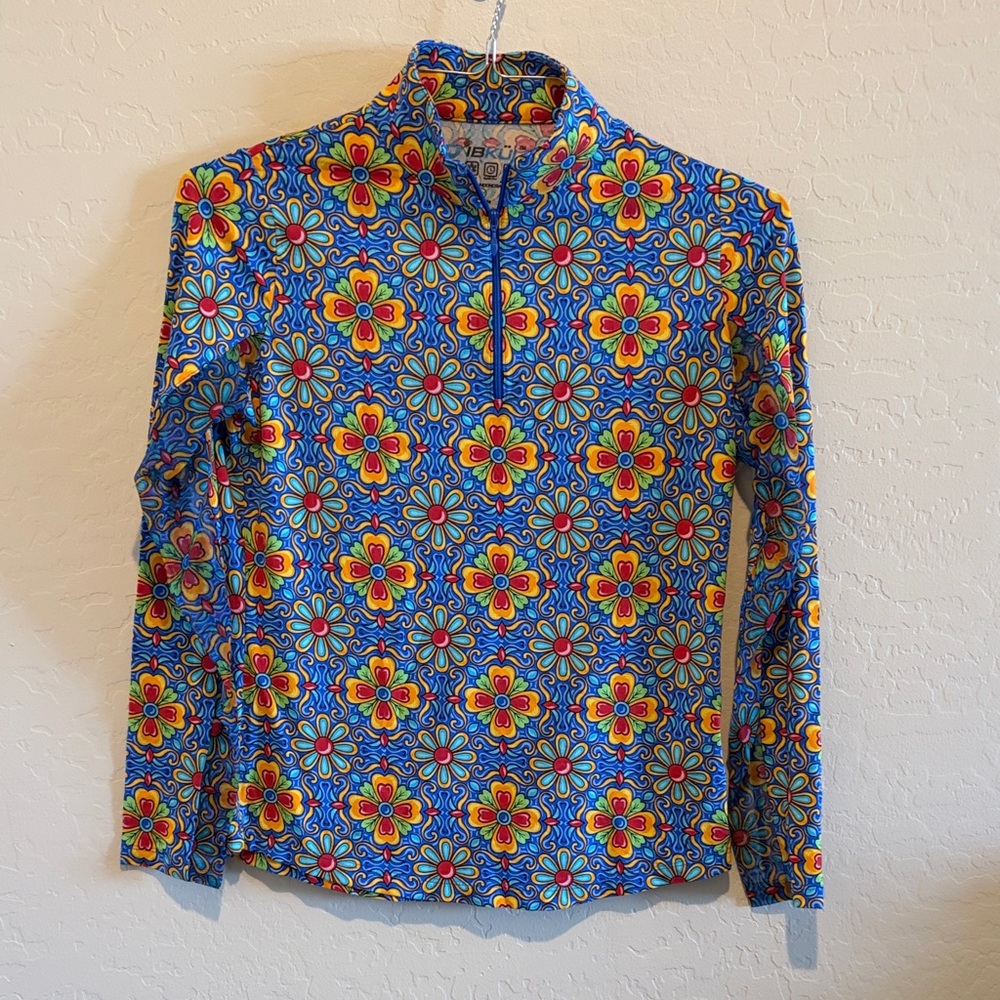IBKUL Blue Floral-Print Long Sleeve Zip Pullover